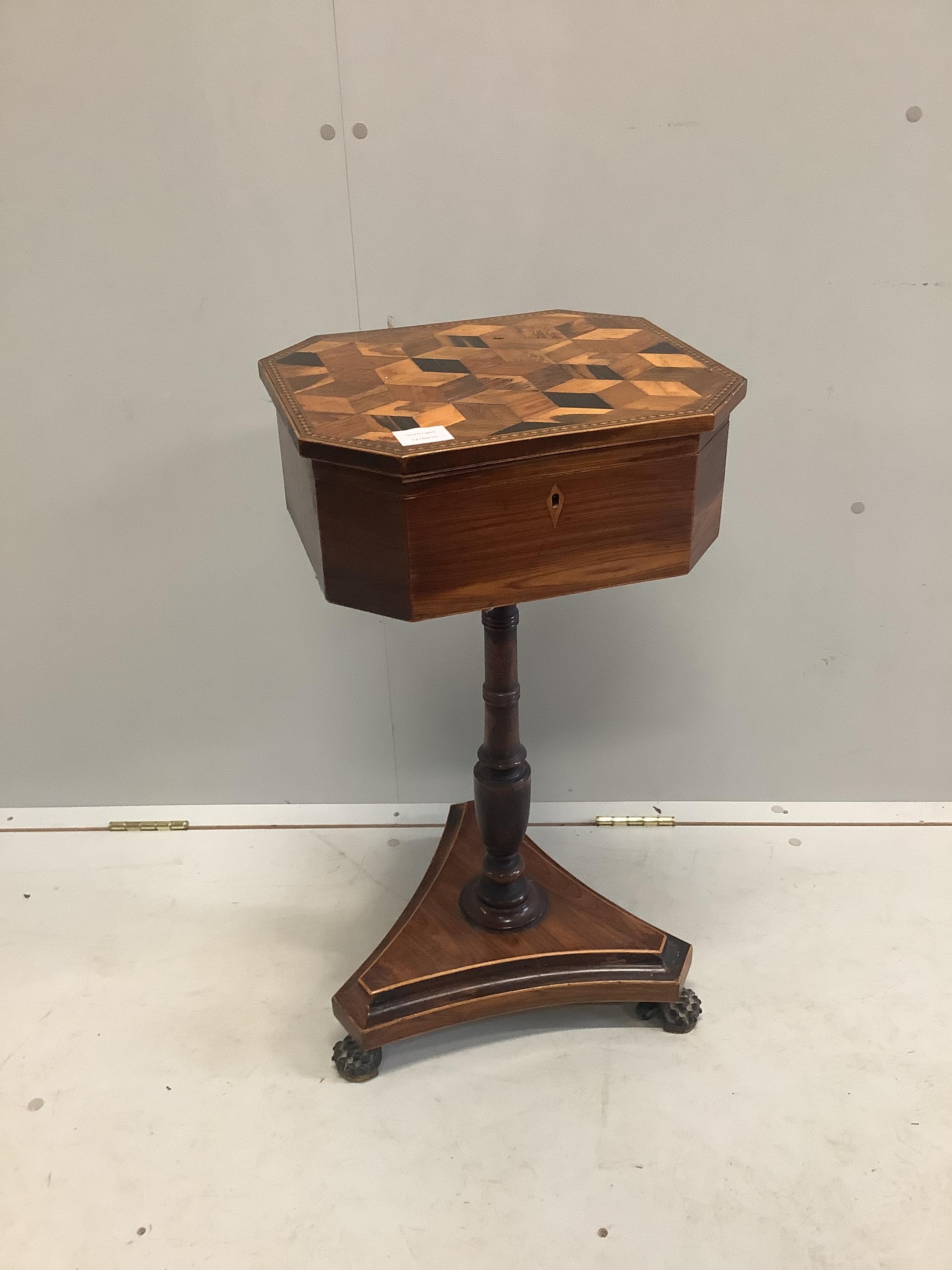 An early 19th century parquetry inlaid octagonal rosewood teapoy, width 38cm, depth 34cm, height 73cm